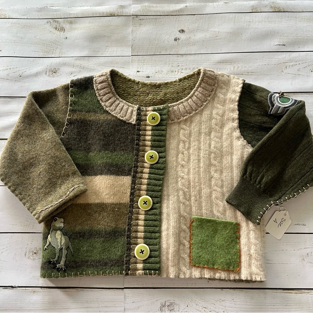 Handcrafted Baby Sweater- Cream and Green Color-Blocked Knit & Patchwork